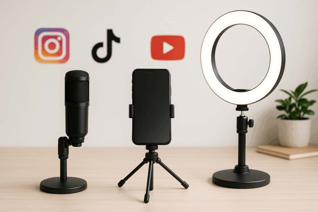 Erstelle ein modernes, helles Titelbild für einen Blogartikel zum Thema „Social Media Equipment kaufen Deutschland“. Zeige ein stilvolles Home-Setup mit Mikrofon, Stativ, Smartphone und Ringlicht auf einem hellen Schreibtisch. Im Hintergrund dezente Social-Media-Symbole (Instagram, TikTok, YouTube). Stil: minimalistisch, natürliches Licht, neutrale Farben (weiß, beige, grau, helles Holz). Keine Personen sichtbar – Fokus auf Technik und kreative Atmosphäre. Text im Bild (optional): „Social Media Equipment – Dein Starter-Set 2025“. Format: Querformat 16:9, hohe Auflösung, geeignet für Blog-Header.