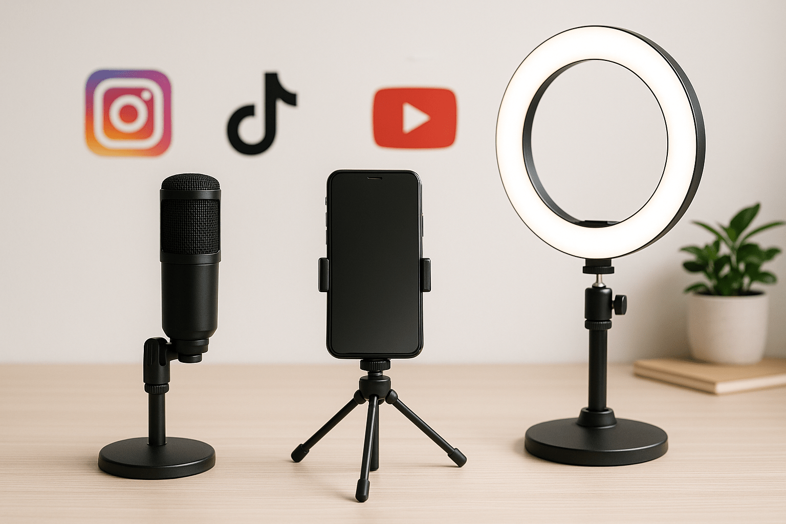 Erstelle ein modernes, helles Titelbild für einen Blogartikel zum Thema „Social Media Equipment kaufen Deutschland“. Zeige ein stilvolles Home-Setup mit Mikrofon, Stativ, Smartphone und Ringlicht auf einem hellen Schreibtisch. Im Hintergrund dezente Social-Media-Symbole (Instagram, TikTok, YouTube). Stil: minimalistisch, natürliches Licht, neutrale Farben (weiß, beige, grau, helles Holz). Keine Personen sichtbar – Fokus auf Technik und kreative Atmosphäre. Text im Bild (optional): „Social Media Equipment – Dein Starter-Set 2025“. Format: Querformat 16:9, hohe Auflösung, geeignet für Blog-Header.