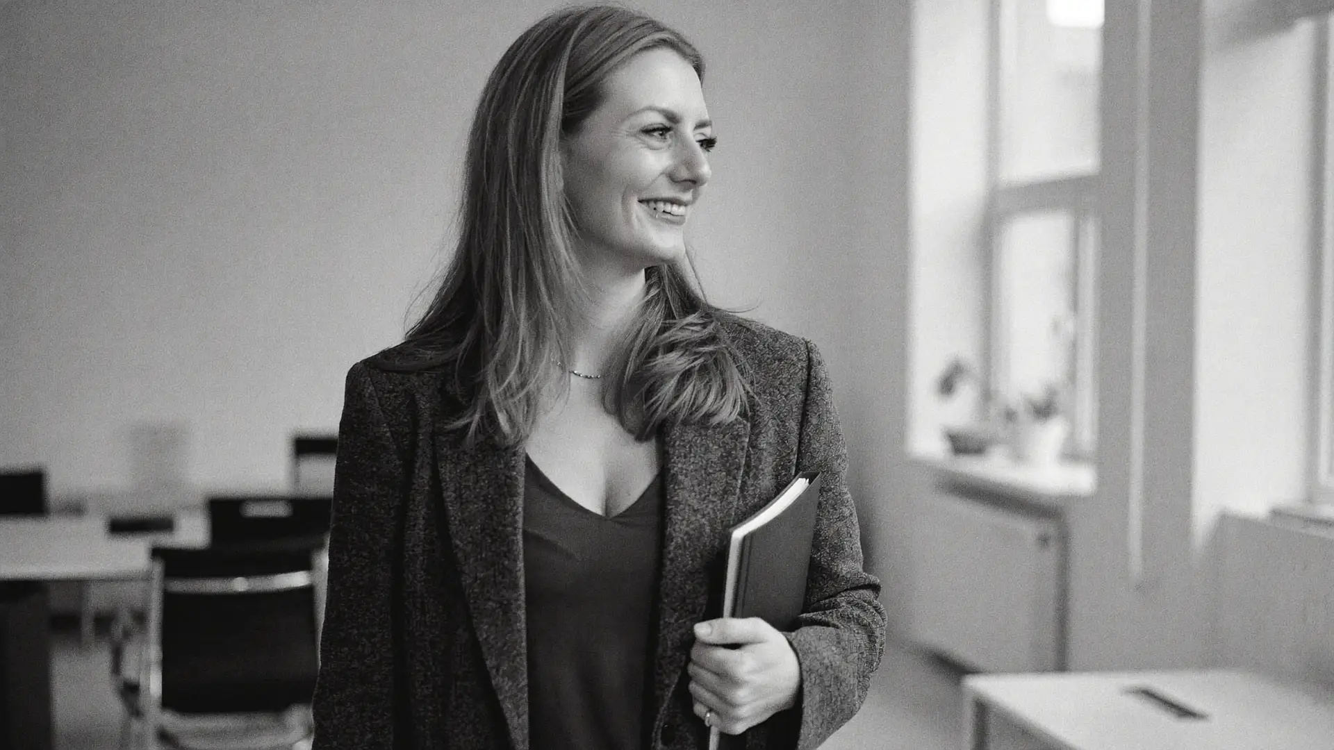 Mona Weiß von einfachyou mit Notizbuch im hellen Büro