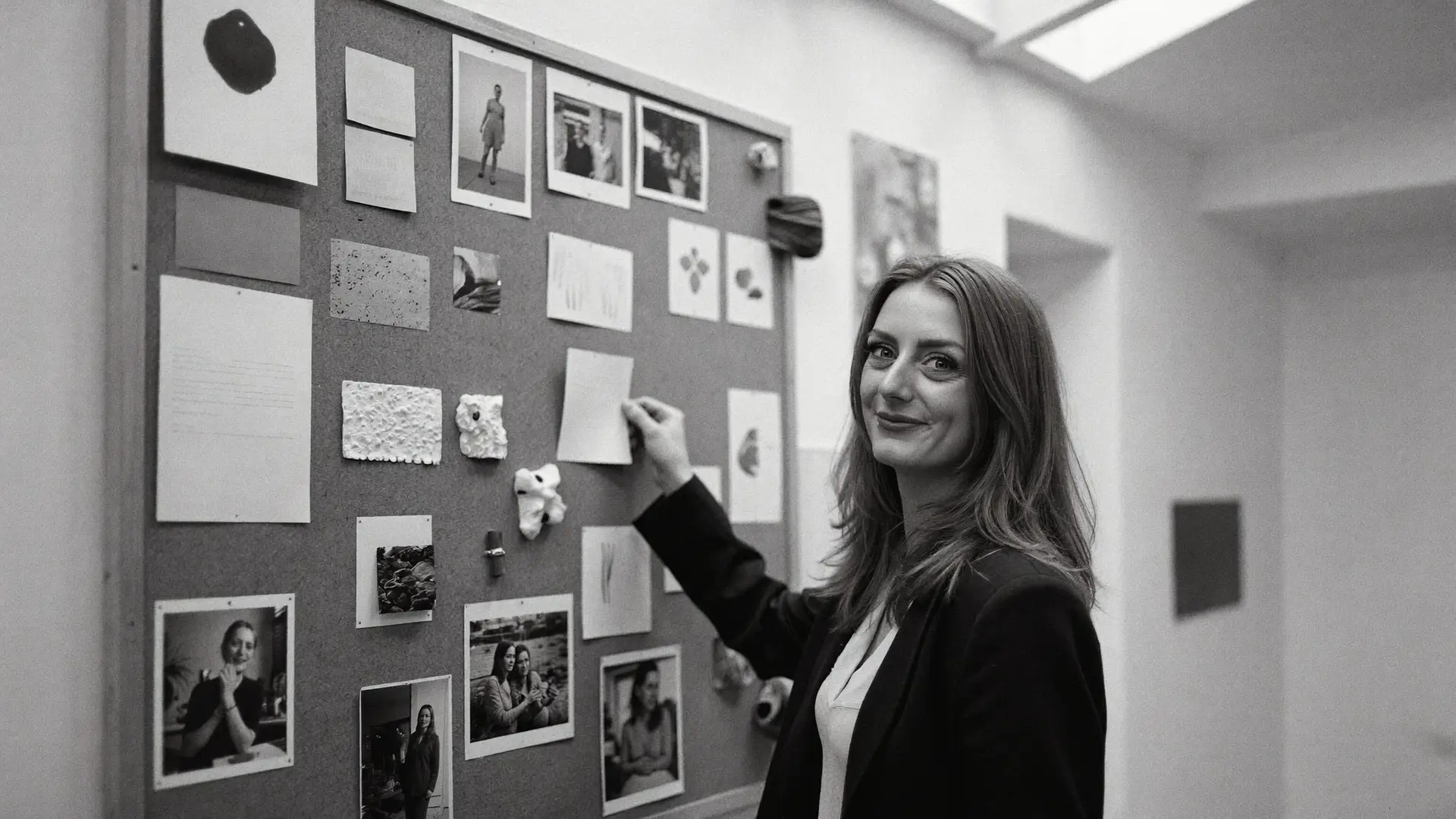 Mona Weiß von einfachyou steht an einer Pinnwand mit Ideen und Fotos und plant die Marketingstrategie für einen Betrieb in Niederbayern