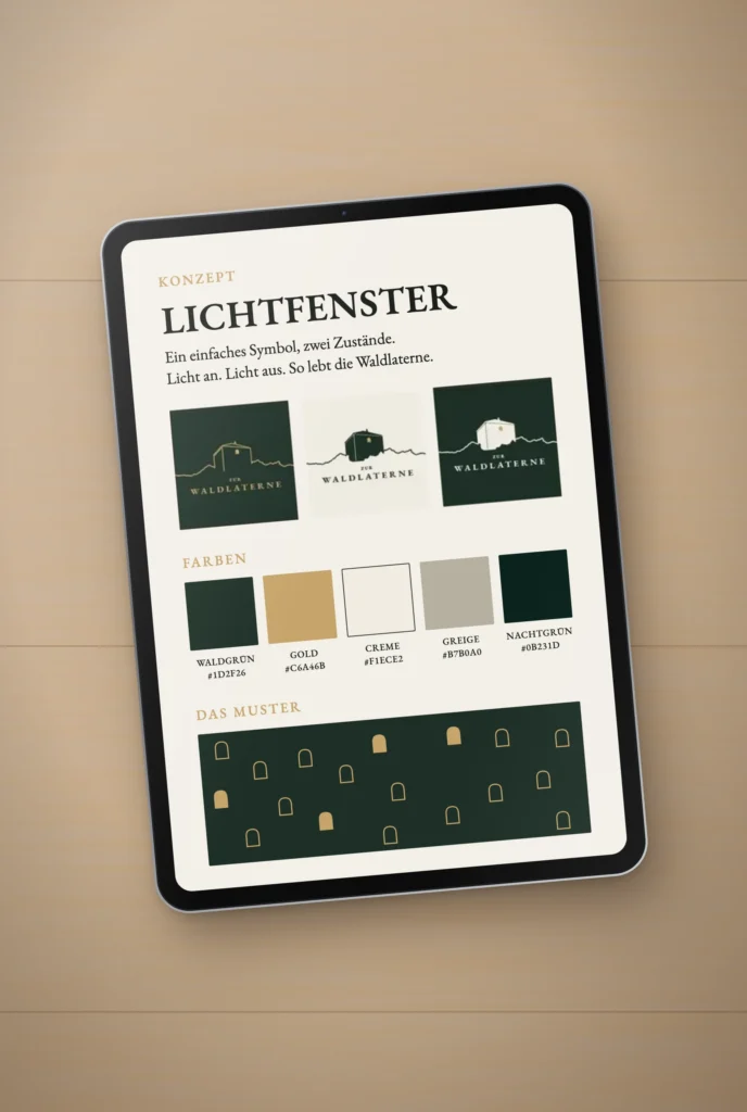 Markenkonzept „Zur Waldlaterne“ im Tablet-Mockup: Logo, Farben und Muster